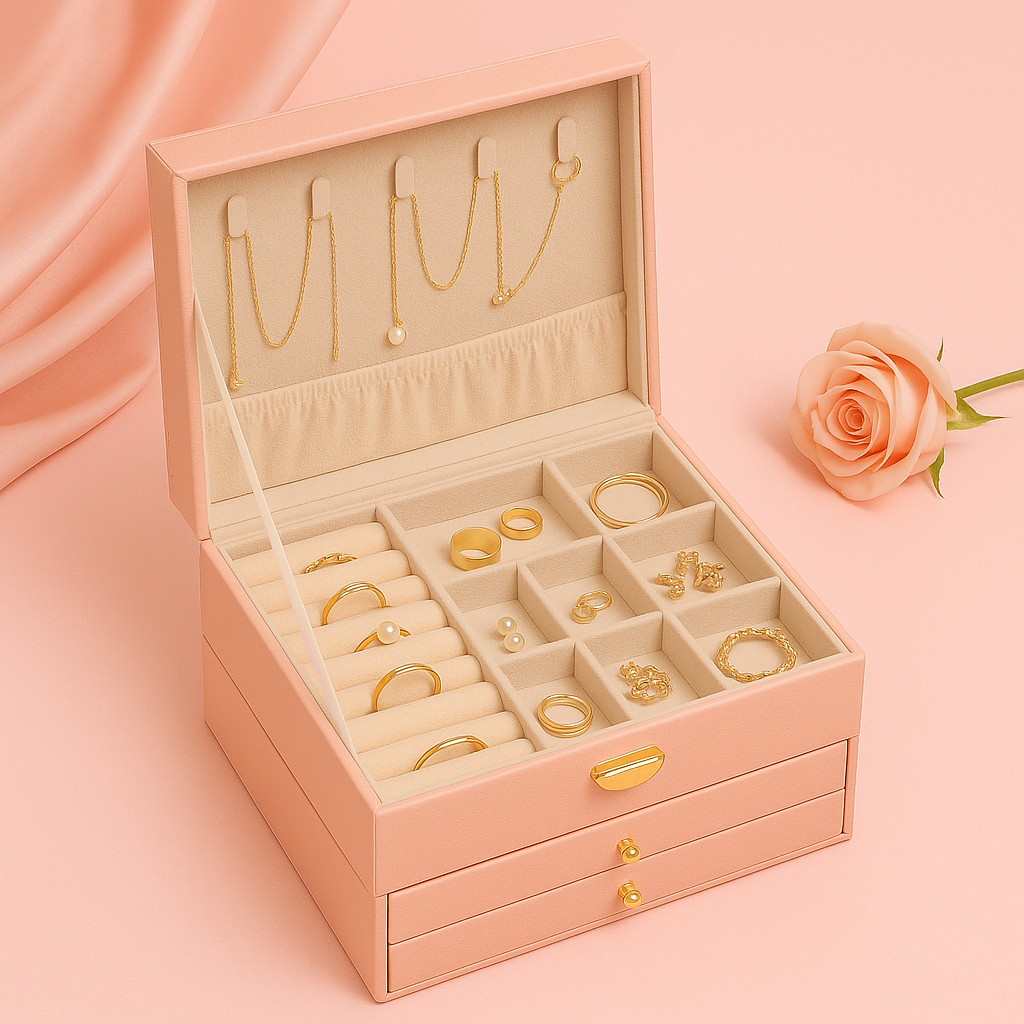 GemÉlise™ Multi-Level Jewelry Storage Case – Elegant Quilted Design